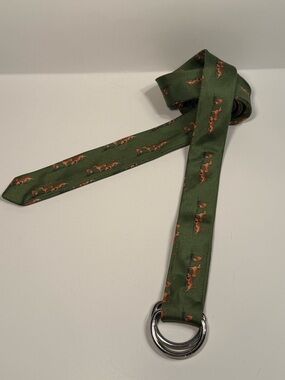 J. Crew Silk Tie D-Ring Belt Fox Hunt Hound Dog Print Green Size M/L